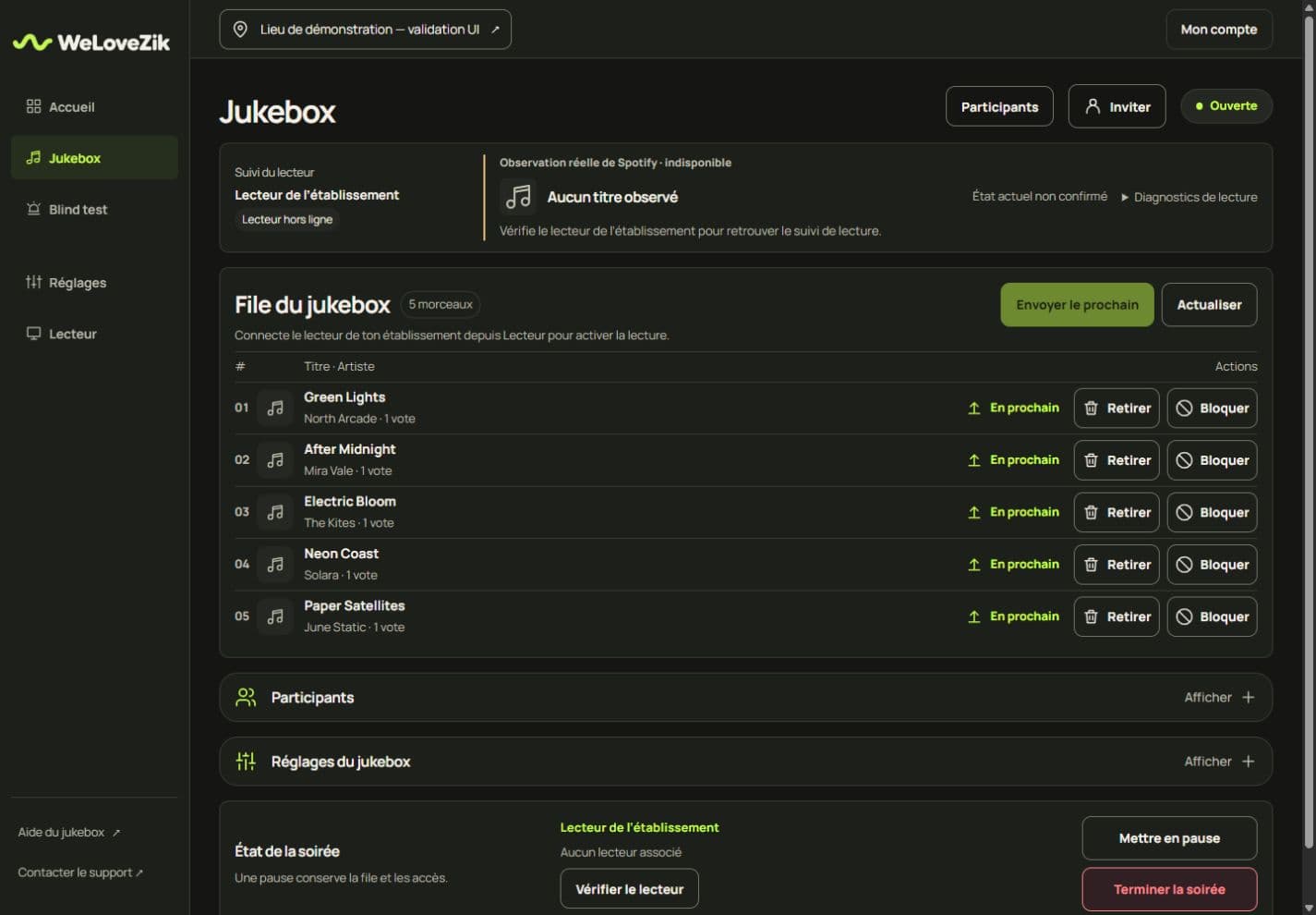 L’espace gérant WeLoveZik : suivi du lecteur et file musicale en démonstration